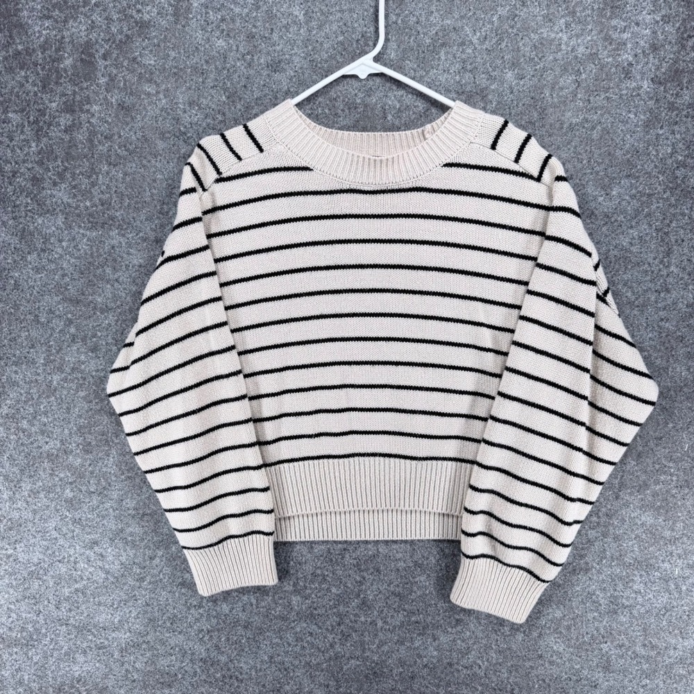 Tahari Women's XL Ivory Black Striped Knit Crewneck Pullover Sweater Long Sleeve